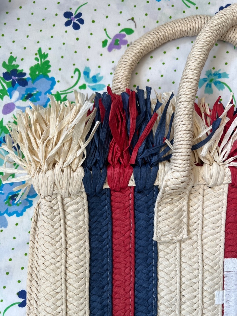 Mark and Graham Fringe Top Tote Natural Navy Red Woven Straw NWOT - B - Picture 3 of 13